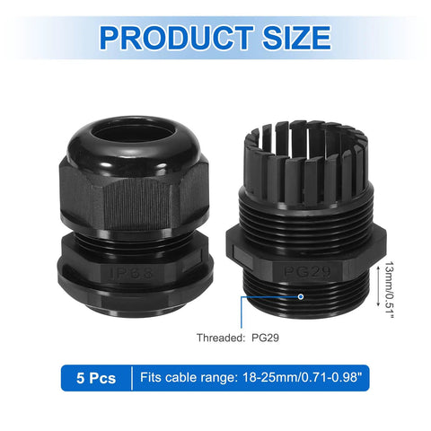5 Pack PG29 Cable Glands Adjustable 18 To 25mm PA6 Nylon IP68 Waterproof Connectors With Seals shown in black with dimensions