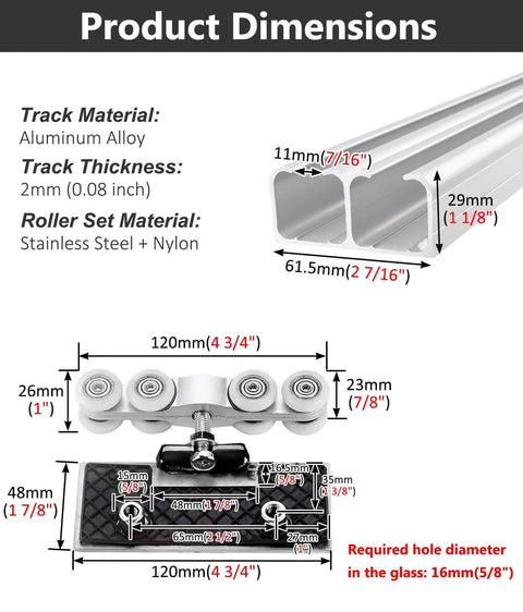Diagram of Beefed Up Glass Sliding Door Hardware Kit specifications, including aluminum track and roller materials and dimensions.