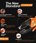 Close-up of 10 Piece Locking Pliers And Clamp Set With Straight Jaw Curved Jaw Long Nose Wire Cutter C Clamp features.
