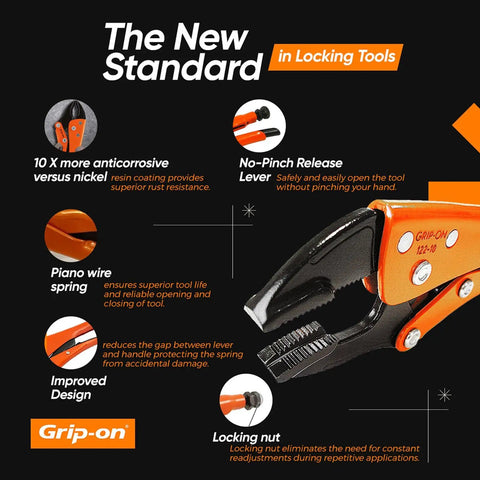 Close-up of 10 Piece Locking Pliers And Clamp Set With Straight Jaw Curved Jaw Long Nose Wire Cutter C Clamp features.