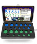 Solid 23 Piece Socket Adapter Set With Hex Inserts And Color Coded Case For Tough DIY Jobs, Auto Repair, And Home Fix-Ups Built To Handle Heavy Loads Without Flopping Out. open case with blue and green magnetic socket inserts