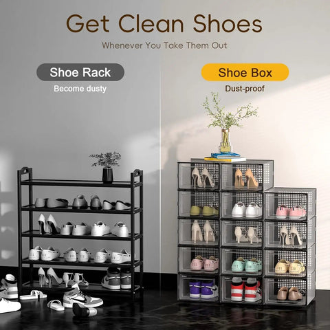 X Large Clear Stackable Shoe Storage Boxes 12 Pack Modular Shoe Organizer And Sneaker Containers in closet setting