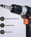 Electric drill with Six-Piece HSS Screw Extractor Set for Damaged Stripped and Broken Bolts No-Hassle Removal installed