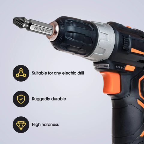 Electric drill with Six-Piece HSS Screw Extractor Set for Damaged Stripped and Broken Bolts No-Hassle Removal installed