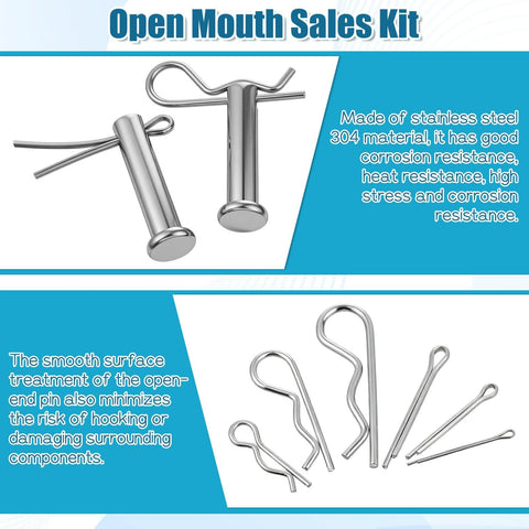 132 Piece Clevis Pin And Cotter Pin Assortment Kit in 304 Stainless Steel, various sizes displayed with text highlighting corrosion resistance.