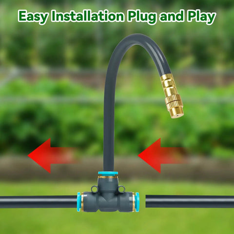 Close-up of 360 Degree Adjustable Drip Irrigation System Kit with 100 Feet of Five Sixteenth Tubing, showing easy installation.