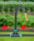 Close-up of 360 Degree Adjustable Drip Irrigation System Kit With 200 Ft Reach 5/16 Inch Tubing in garden setup