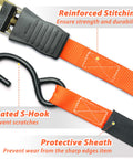 Close-up of Heavy Duty Ratchet Tie Down Straps 8 Pack 15 Ft Each 500 Lb Load Capacity 1500 Lb Break Strength Cargo Straps with reinforced stitching and S-hook