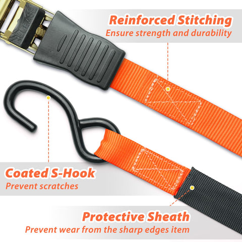 Close-up of Heavy Duty Ratchet Tie Down Straps 8 Pack 15 Ft Each 500 Lb Load Capacity 1500 Lb Break Strength Cargo Straps with reinforced stitching and S-hook