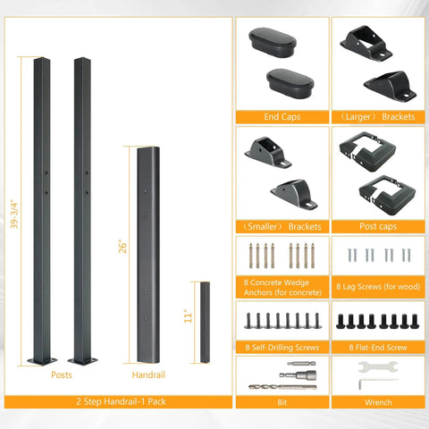 7 Step Outdoor Handrail Built From Galvanized Carbon Steel With Double Layer Protection Powder Coated Black Iron Stair Railing parts