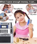 Girl using Cool Kids ATM Piggy Bank With Debit Card, LCD Screen And Voice Prompts, surrounded by thought bubbles.