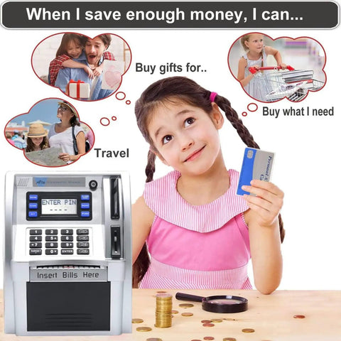 Girl using Cool Kids ATM Piggy Bank With Debit Card, LCD Screen And Voice Prompts, surrounded by thought bubbles.