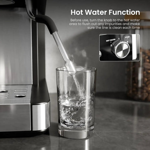 Ditch The Daily Coffee Run With This Pro Home Espresso Maker Featuring A Built In Grinder And Adjustable Milk Frother 15 Bar Extraction Pump Plus Instant Hot Water For Smooth Daily Lattes, showing hot water spout filling a glass.