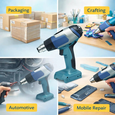 Three Gear Cordless Heat Gun With Rechargeable Battery For Portable Plastic Welding in various uses like crafting and packaging