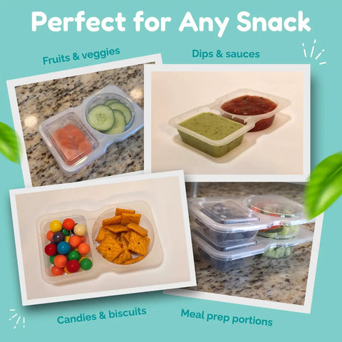 Two Compartment Reusable Snack Containers With Lids 20 Pack 40 Pieces Leak Proof Snack Prep Trays filled with snacks on counter