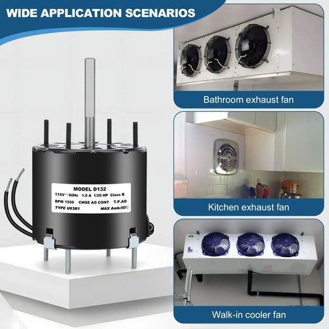 3.3 Inch Frame Shaded Pole Motor 1/20 HP, 1550 RPM, 115V 60Hz for HVAC and general use shown with application scenarios