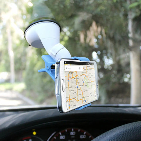 Universal Car Phone Mount Holder With Industrial Strength Sticky Gel Pad And Quick One Hand Release Cradle For Dashboard Windshield, holding smartphone displaying a map.