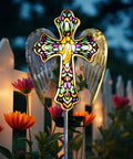 Solar Glass Cross Stake Lights With Angel Wings For Cemetery And Outdoor Garden Pathway Sympathy Remembrance Gift For Mom Solar Powered Grave Marker Lighting With Sunset Tone Hand Painted Glass
