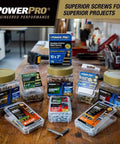 Assorted Power Pro screw packs on a workbench, including Trim Screws For Composite And Wood Decking Exterior Trim 50 Pack 8 X Two Point Five Bronze Ceramic Coated Salt Spray Resistant Twenty Percent Faster Wood Engagement Seventy Five Percent Less Wood Splitting Six Point Star Drive.