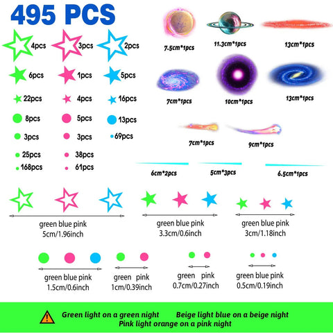 495 Piece Glow In The Dark Moon And Star Wall Decals For Ceiling And Walls Removable Galaxy Planets Space Stickers chart