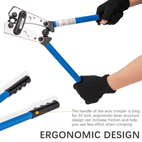 Heavy Duty Battery Lug Crimp Tool With Cable Cutter And 12 Copper Lugs Set in hand, ergonomic design, blue handle, crimping action
