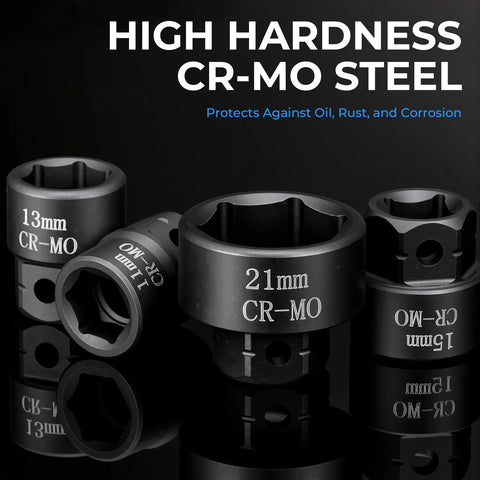 16.5 Inch Long Flex Head Nano Ratchet Wrench With 19 Piece Three Eighths Inch Drive Nano Impact Socket Set Includes 6mm To 24mm Metric Sockets Low Profile CrMo Sockets For Tight Spaces And Quick Fastening, 21mm CR-MO socket