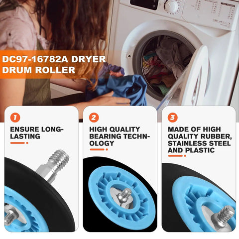 Woman loading laundry into dryer next to 2026 Upgraded Dryer Drum Roller With Bearings Kit Pack Of Four For Samsung Dryers Replacement DC97 16782A And DC97 16782E PS4221885 DC97 07523A Easy Install Durable Quiet Operation Keeps Your Drum Turning Smoothly product features