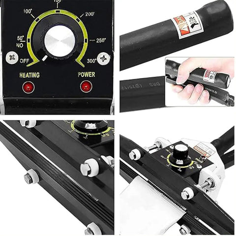 Close-up of Heavy Duty Portable Handheld Impulse Bag Sealer with precise temperature control settings for packaging.