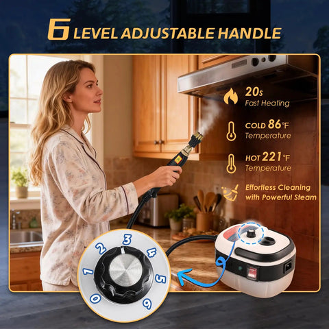 Supercharged 2500W Handheld Steam Cleaner With Three Heads And One Liter Tank Fires Up In Twenty Seconds, adjustable handle, steam cleaning in kitchen.