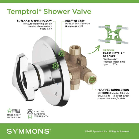 Temptrol Brass Pressure Balancing Tub And Shower Valve Body 262BODY with stainless steel trim, USA-made, anti-scald feature.