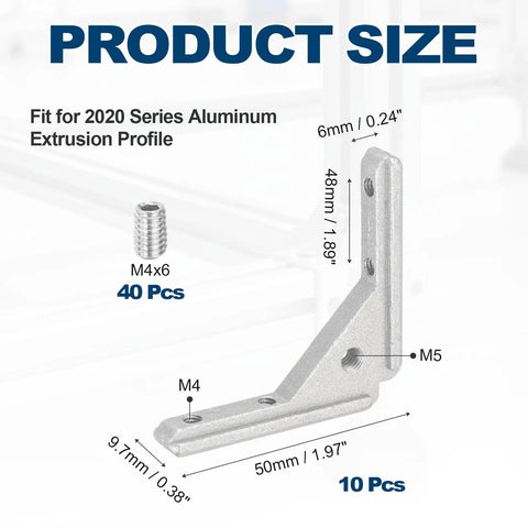 L Shape Corner Bracket Set For T Slot Inside Joints Built Tough From Aluminum Alloy For 2020 Series Extrusion including measurements