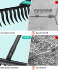 Heavy Duty Bow Rake with 60 Inch Adjustable Handle and 12 Tines for soil leveling, rake comparison showing strong connection and stainless steel