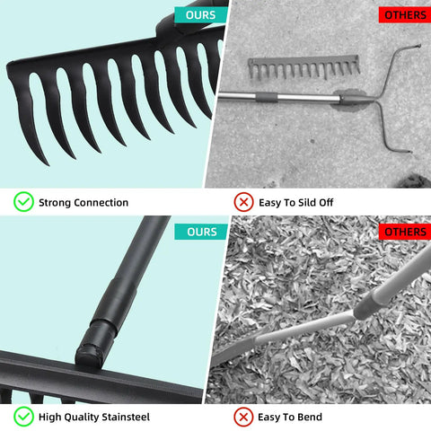 Heavy Duty Bow Rake with 60 Inch Adjustable Handle and 12 Tines for soil leveling, rake comparison showing strong connection and stainless steel