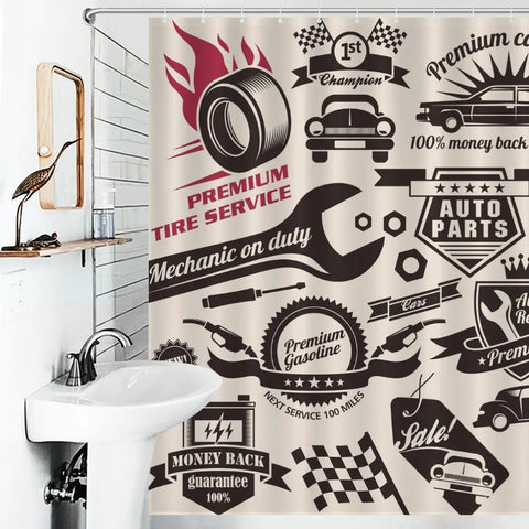 Garage Shower Curtain For Bathroom With Car Themed Retro Vintage Man Cave Style, Waterproof Fabric Curtain Set With Hooks, 72x72 Inches
