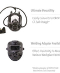 Full Facepiece Respirator For Tough Jobs Niosh Approved Small Size with versatility for PAPR or CF-SAR use, welding adaptor shown.