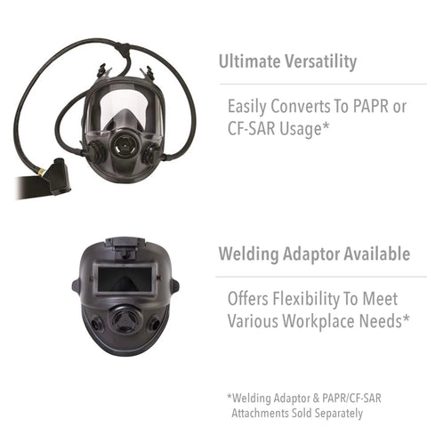 Full Facepiece Respirator For Tough Jobs Niosh Approved Small Size with versatility for PAPR or CF-SAR use, welding adaptor shown.