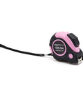 Pink Retractable Tape Measure 16 Ft With Dual Metric And SAE Readouts Three Quarter Inch Wide Blade, belt clip, lanyard