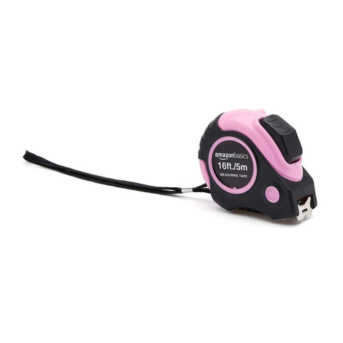 Pink Retractable Tape Measure 16 Ft With Dual Metric And SAE Readouts Three Quarter Inch Wide Blade, belt clip, lanyard
