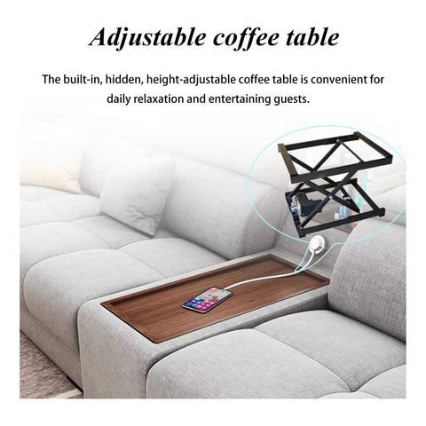 Adjustable coffee table with a hidden height adjustment feature, compact design, and charging capability on a sofa.