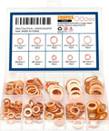 Copper sealing washers set, 200 pcs in 9 sizes (M5–M14), flat copper rings in clear plastic case