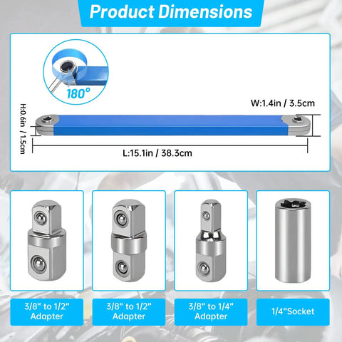 Offset Extension Wrench Set With 15 Inch Reach, Impact Ready Socket Wrench Kit includes adapters and socket