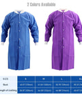 Two disposable lab coats for adults knee length with knit cuffs and collar, SMS nonwoven medical jacket, shown in blue and purple.