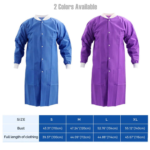 Two disposable lab coats for adults knee length with knit cuffs and collar, SMS nonwoven medical jacket, shown in blue and purple.