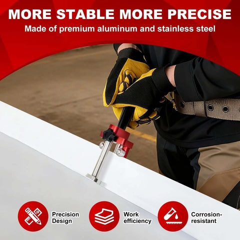 Person using Onsite Sheet Metal Bender and Roller for Roofing Pros on metal sheet, showing precision design and durability features.