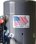 Close-up of Compact 12V DC Hydraulic Power Unit With Single And Double Acting Capabilities 6 Quart Tank, USA flag sticker visible