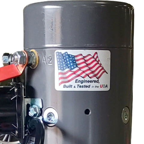 Close-up of Compact 12V DC Hydraulic Power Unit With Single And Double Acting Capabilities 6 Quart Tank, USA flag sticker visible
