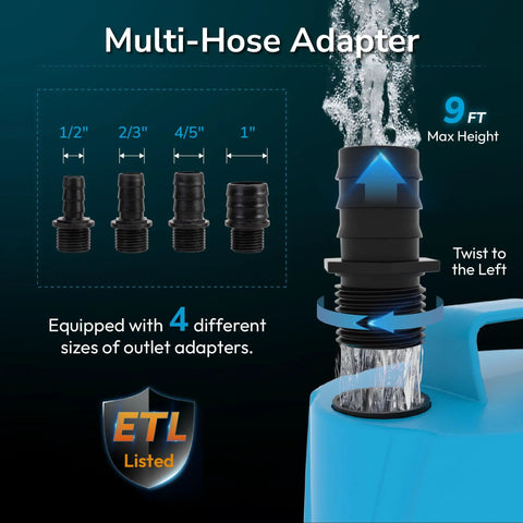 Image showing multi-hose adapter for 580 GPH Submersible Water Fountain Pump With 9 Ft Lift 60W Small Sump Pump with ETL listing.