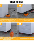 Instructional steps using Heavy Duty Furniture Movers Dolly With Anti Slip Deck And 360 Degree Swivel Wheels for moving furniture.