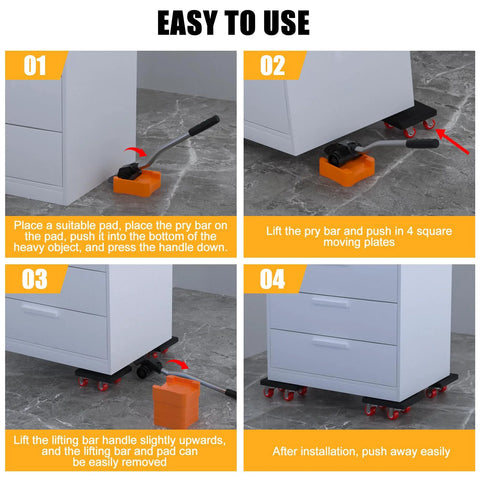 Instructional steps using Heavy Duty Furniture Movers Dolly With Anti Slip Deck And 360 Degree Swivel Wheels for moving furniture.