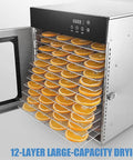 Straight Up Reliable Commercial Food Dehydrator With 12 Slick Trays For Making Jerky And Drying Fruits Vegetables And Nuts Featuring Hella Efficient 1000 Watt Heating And Digital Temperature Controls To Preserve Fresh Flavors And Lock In Essential with sliced oranges in 12 trays.
